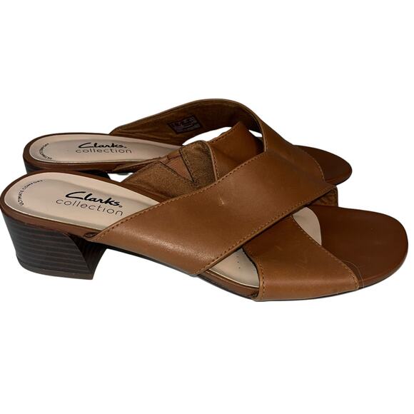 Clarks Collection Mules Criss Cross Leather Block Heel Slides‎ Brown Size - Picture 2 of 6